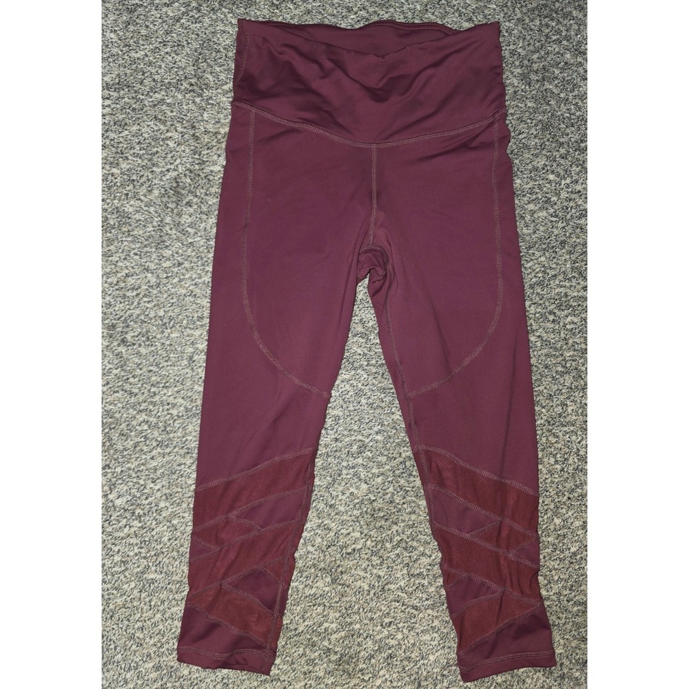 Mono B Women Burgundy High Waisted Mesh Panel Cropped Athletic Leggings Small